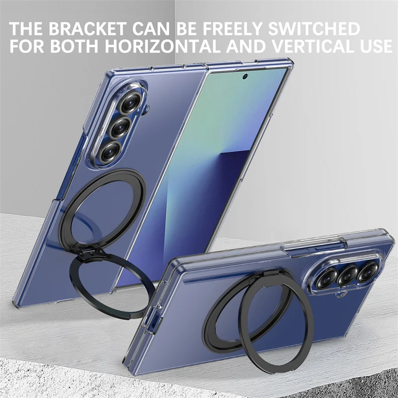 Color: black, Compatibility by Model: Galaxy Z Fold7 - 360?° Rotating Magnetic Holder Phone Case For Samsung Galaxy Z Fold 7 Magsafe Wireless Charging Transparent Hard Shockproof Cover