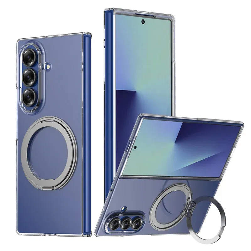 Color: black, Compatibility by Model: Galaxy Z Fold7 - 360?° Rotating Magnetic Holder Phone Case For Samsung Galaxy Z Fold 7 Magsafe Wireless Charging Transparent Hard Shockproof Cover