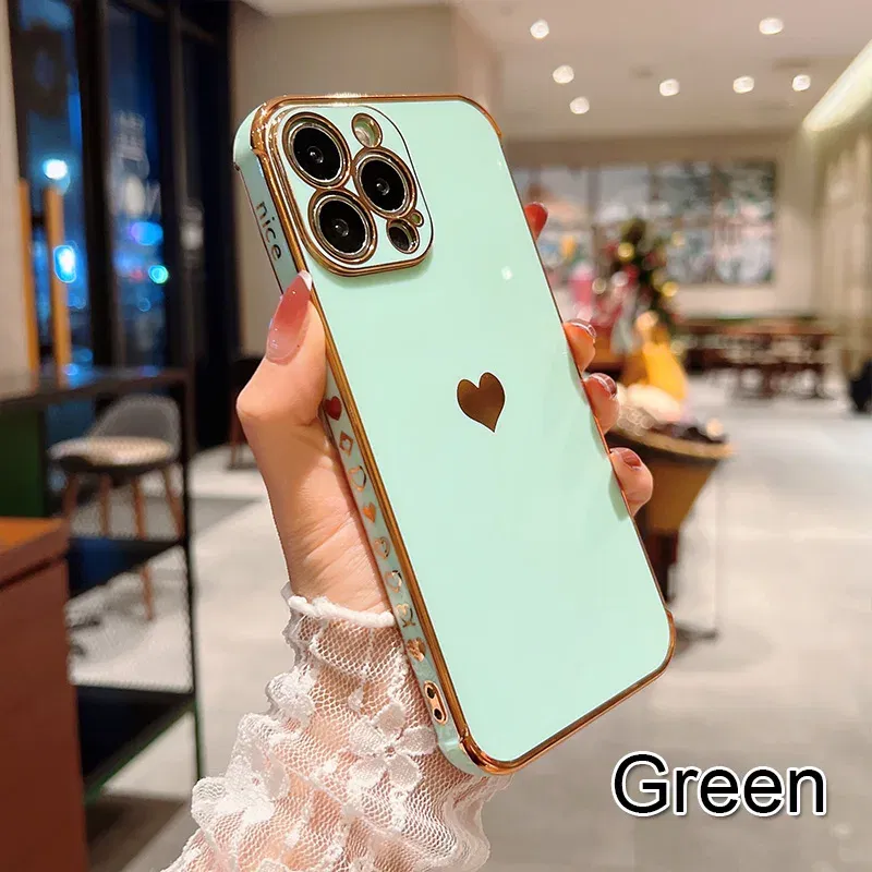 Color: Blue, Ships From: CN, Material: Genuine leather - Electroplating Side Love Heart Phone Case For IPhone 16 15 14 13 12 11 Pro Max XR 8 Plus SE2/SE3 Shockproof Back Cover