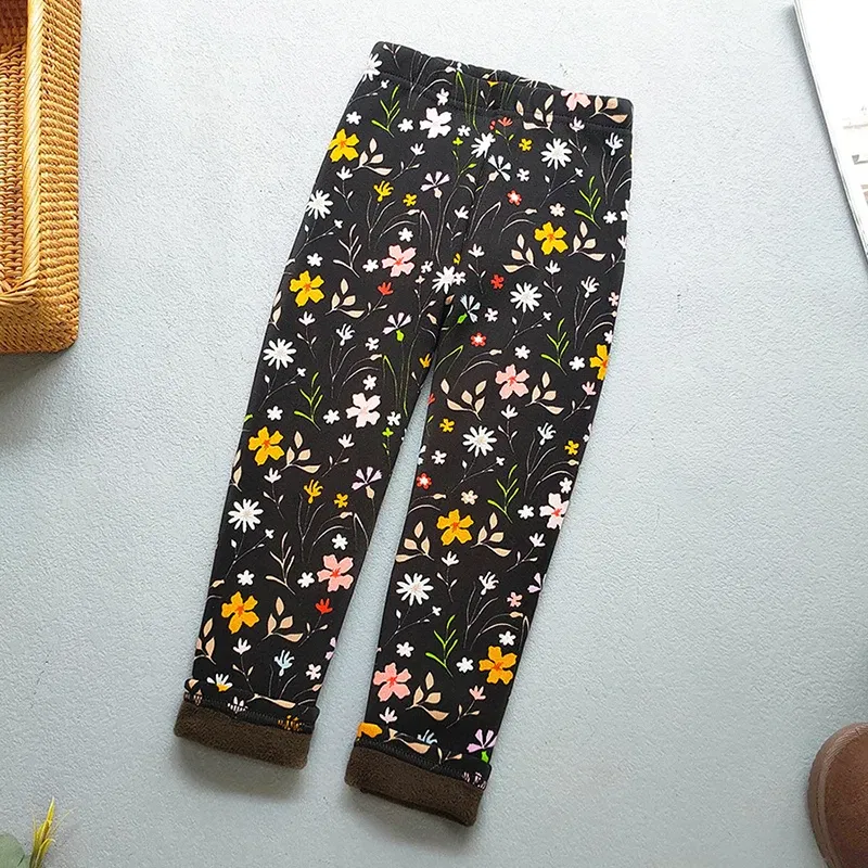 Color: Beige, Kid Size: 2T - Autumn Winter Print Flowers Thick Warm Kids Toddler Baby Girls Leggings Children's Pants
