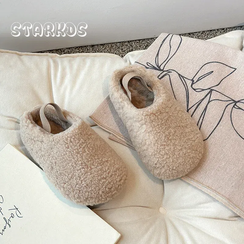 Color: black, Shoe Size: 35.5 - Teddy Fur Mule For Baby Kids Winter Warm Plush Slipper Toddler Child Casual Pull-on Fluffy Cotton Shoe with Back Elastic Strap