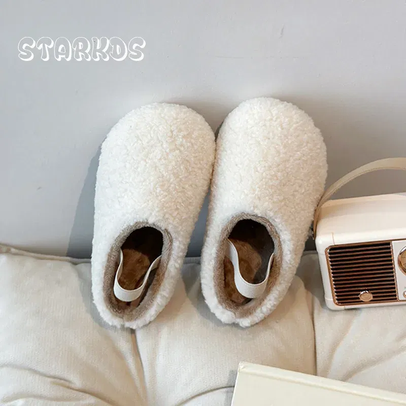 Color: black, Shoe Size: 35.5 - Teddy Fur Mule For Baby Kids Winter Warm Plush Slipper Toddler Child Casual Pull-on Fluffy Cotton Shoe with Back Elastic Strap