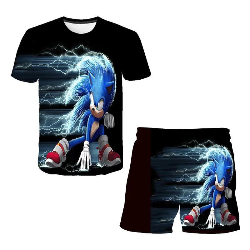 Color: VIOLET/?«?—?…°, Size: 12" - New Japanese cartoon Sonic T-shirt children's top T-shirt shorts two-piece set summer boy cartoon cute T-shirt+beach pants