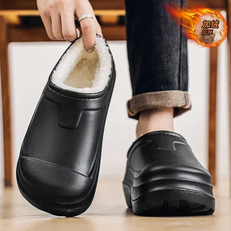 Color: Beige, Shoe Size: 40 - Eva Men's Chef Slippers Winter Slipper for Men Home Cotton Shoes Water Proof Anti-slip Keep Warm Height-increasing New Arrival