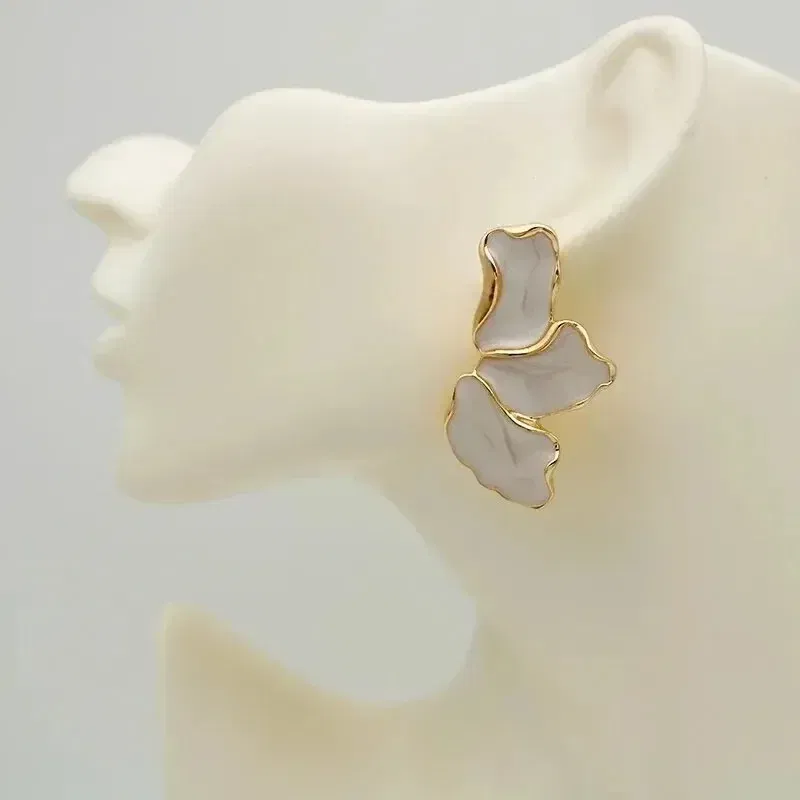 Metal Color: SILVER PLATED - Metal Flower Cream Stud Earrings for Women Fashion Gold Color Plating Irregular Post Earrings Heavy Design Statement Earring