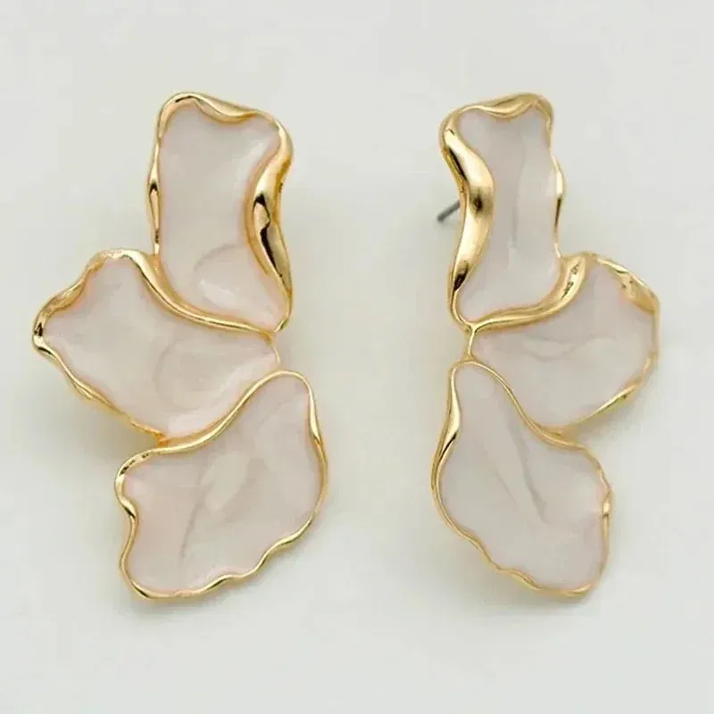 Metal Color: SILVER PLATED - Metal Flower Cream Stud Earrings for Women Fashion Gold Color Plating Irregular Post Earrings Heavy Design Statement Earring