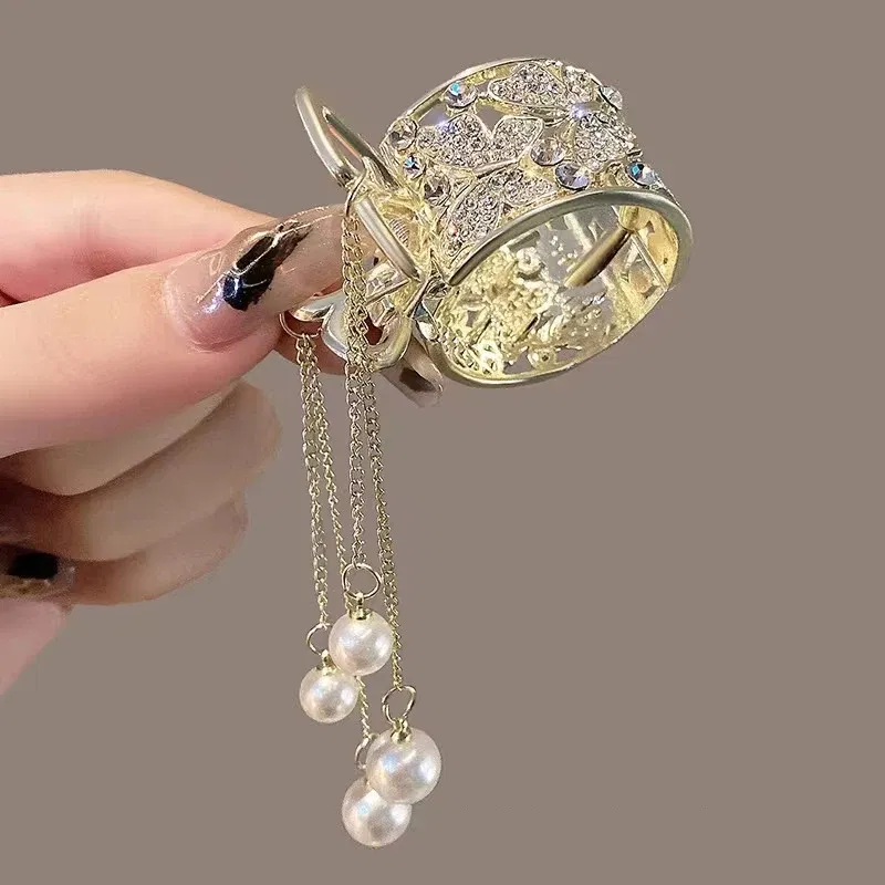 Color: Red - Fashion Rhinestone Tassel Pearl Hair Claws Flowers Hair Clip Women Barrettes Ponytail Holder Hairpins Hair Accessories Gifts