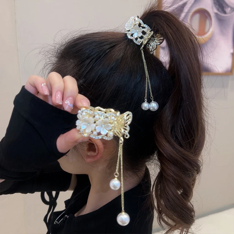 Color: Red - Fashion Rhinestone Tassel Pearl Hair Claws Flowers Hair Clip Women Barrettes Ponytail Holder Hairpins Hair Accessories Gifts