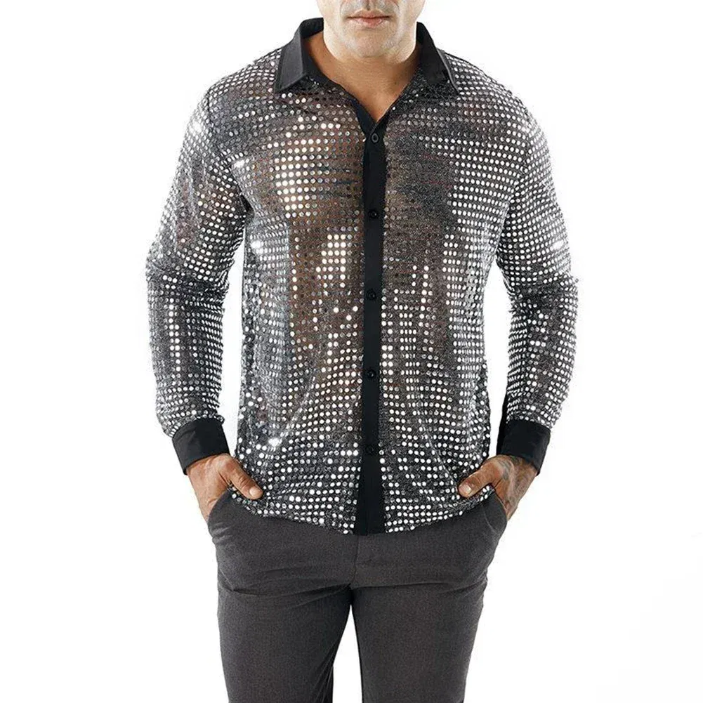 Color: black, Size: XXL, Ships From: CHINA - 2023 Fashion Mens Sparkly Sequins Party Dance Shirts Retro 70s Disco Nightclub Shirt Tops Single Breasted Performance Clothing
