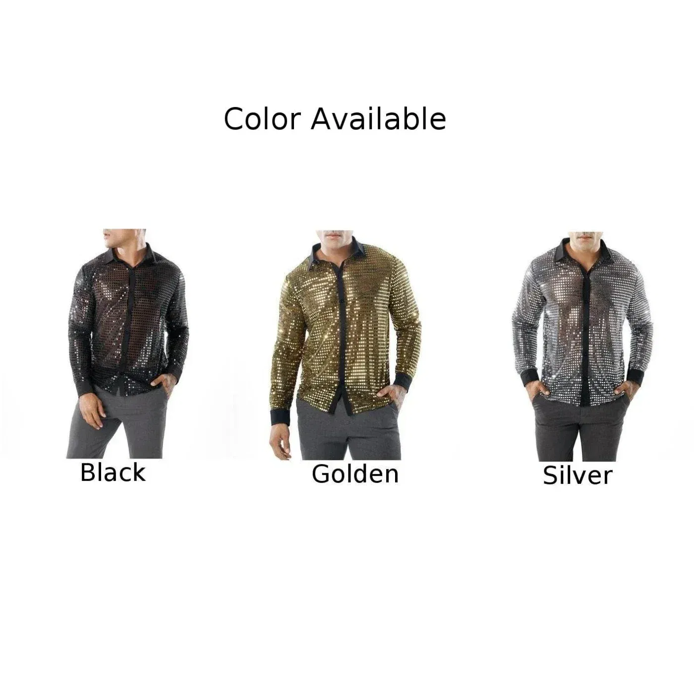 Color: black, Size: XXL, Ships From: CHINA - 2023 Fashion Mens Sparkly Sequins Party Dance Shirts Retro 70s Disco Nightclub Shirt Tops Single Breasted Performance Clothing