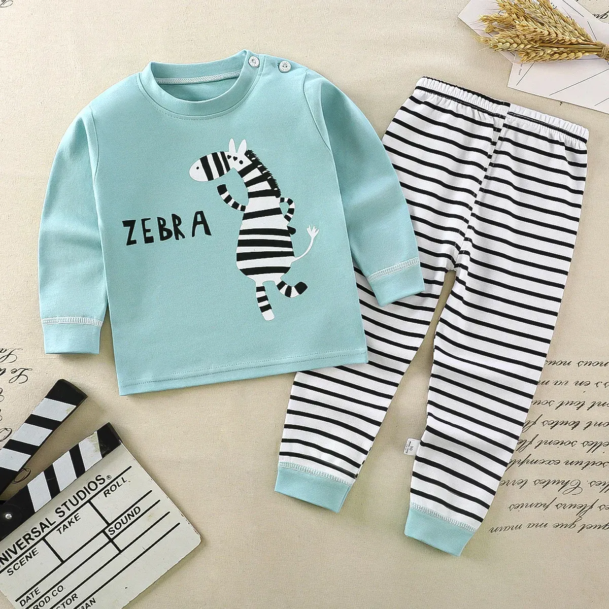 Color: Khaki, Kid Size: 9M - Children Kids Clothes Sets Boys Girls Suit Pajamas Clothinng Pants Cartoon Autumn Winter Sleepwear Outfits