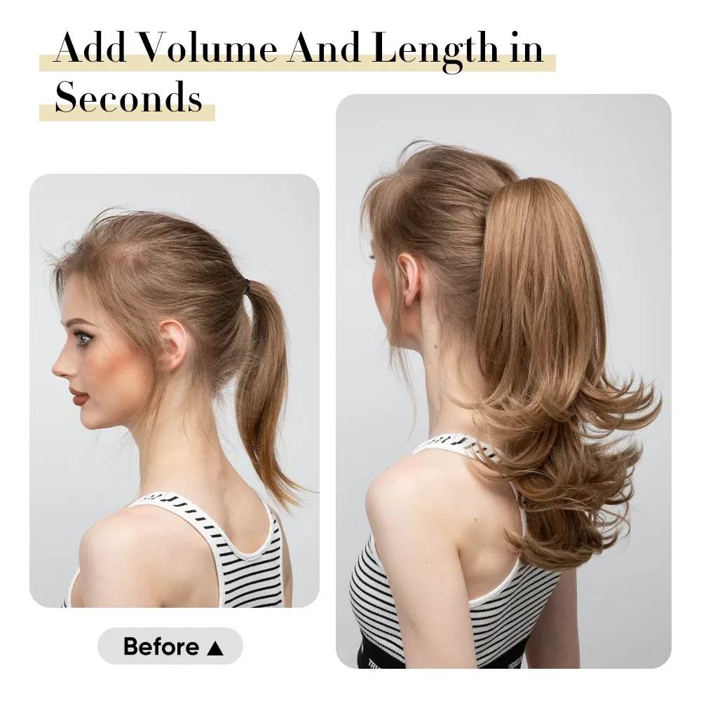 Color: Natural Color, Stretched Length: 14inches - Synthetic Claw Clip In Ponytail Hair Extensions 14 Inch Wavy Hairpiece Fake Blonde Black Hair False Pigtail With Elastic Band