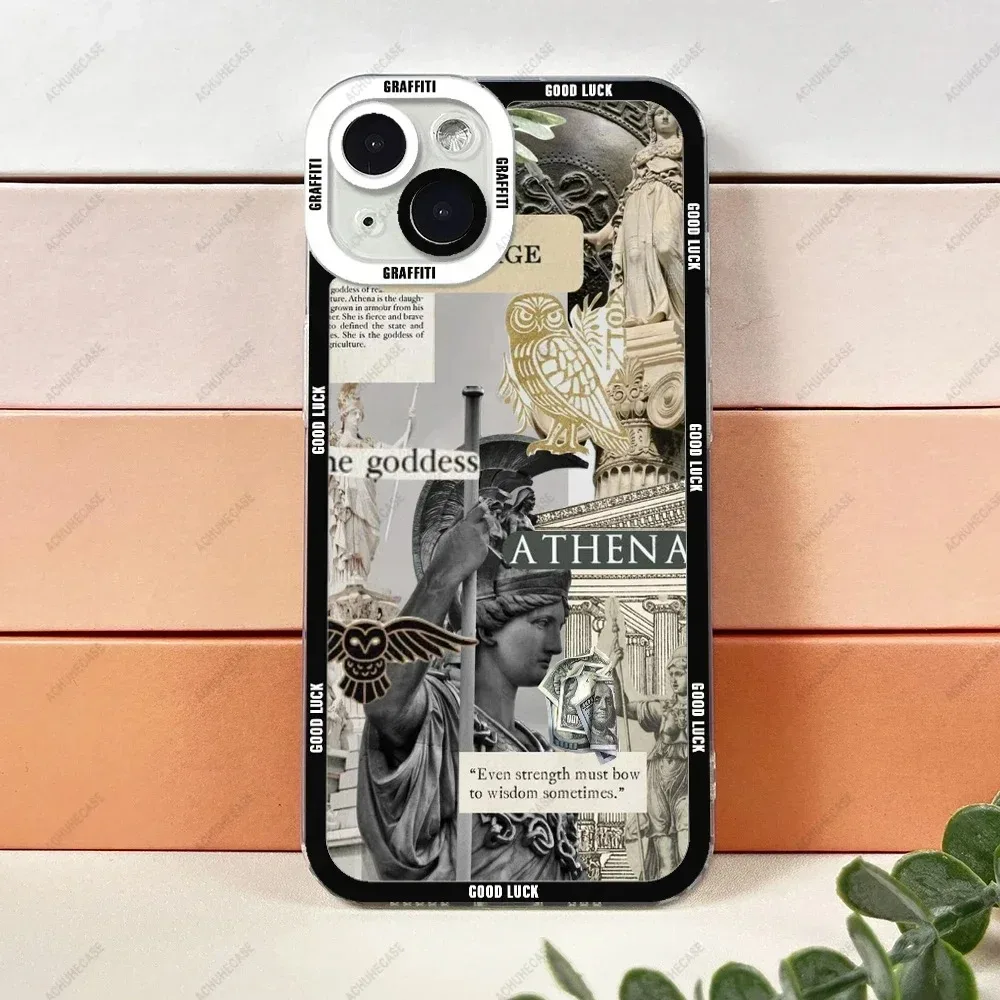 Color: Dark Grey, Material: Artificial Leather - Aesthetic Statue Art Phone Case For iPhone 16 15 14 13 12 11 Pro Max XS X XR Plus Mini Luxury Transparent Soft Funda