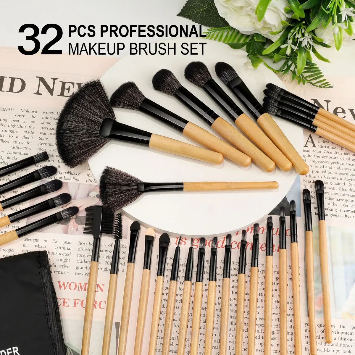 Handle Color: Black, Ships From: Russian Federation - Kaizm 32pcs Natural Hair Makeup Brushes Set Cosmetic Foundation Powder Eyeshadow Eyebrow Premium Wooden Make Up Brush Tools Kits