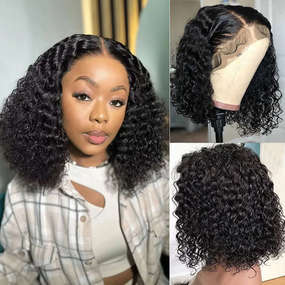 Hair Color: #2, Stretched Length: 14inches, Density: 180% - Glueless Brazilian Hair Wigs Bob Wig Human Hair 13x4 Lace Frontal Wig Human Hair Natural Remy Short Curly 4X4 Lace Closure Wigs