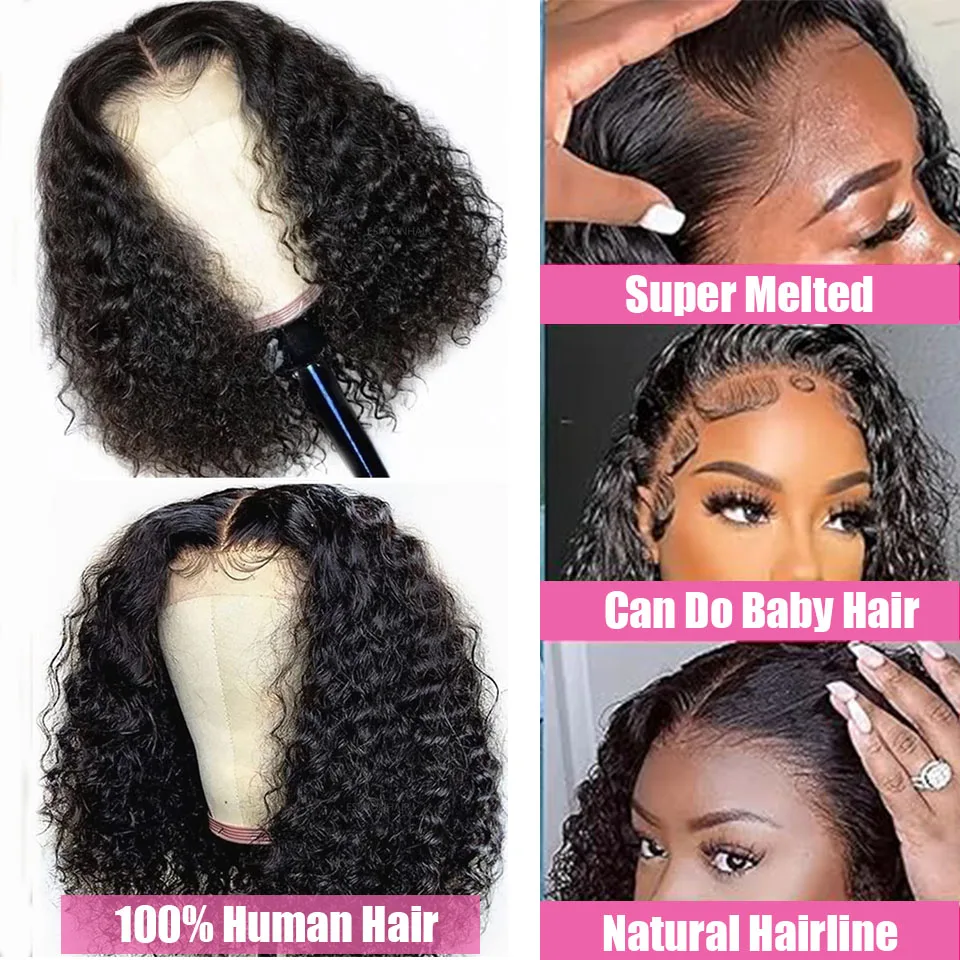 Hair Color: #2, Stretched Length: 14inches, Density: 180% - Glueless Brazilian Hair Wigs Bob Wig Human Hair 13x4 Lace Frontal Wig Human Hair Natural Remy Short Curly 4X4 Lace Closure Wigs