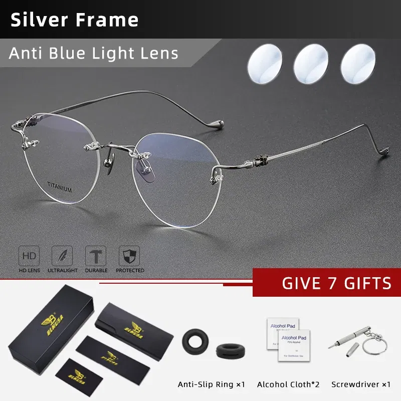 Frame Color: Blue, Eye Prescription: +375 - BLMUSA Pure Titanium Rimless Anti-blue Light Reading Glasses for Men Round Photochromic Optical Prescription with MR-8 lens