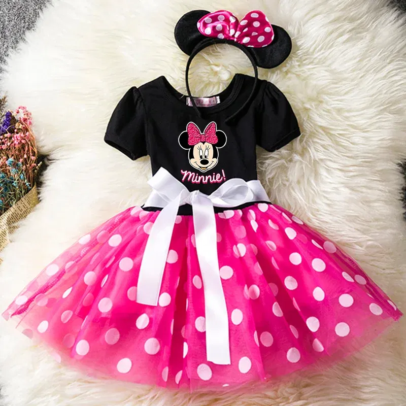 Color: black, Size: L - Cartoon Mickey Minnie Mouse Kids Short Sleeve Polka Dot Princess Dress 1-6Y Party Baby Girls Clothes Cosplay Costumes