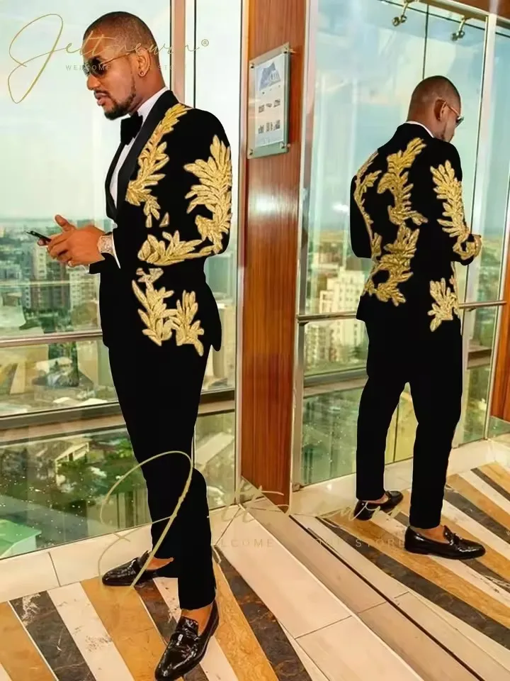 Color: black, Size: 5XL - Luxury Groom Wedding Tuxedos Gold Sequins Appliques Black Men Suits Slim Fit Costume Homme Marriage Prom Suits
