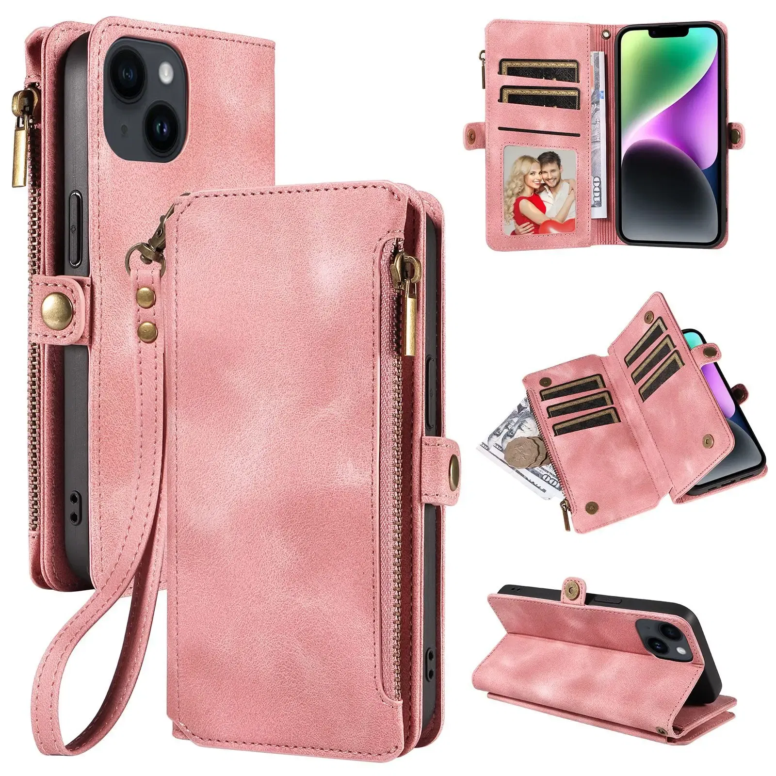 Color: Blue, Material: Silicon - Zipper Multi 9 Cards Wallet Case for OPPO Reno 12 10 8 7 6 5 Pro 11F 11A 8T 6Z 5Z Retro Leather Lanyard Wrist Strap Phone Cover
