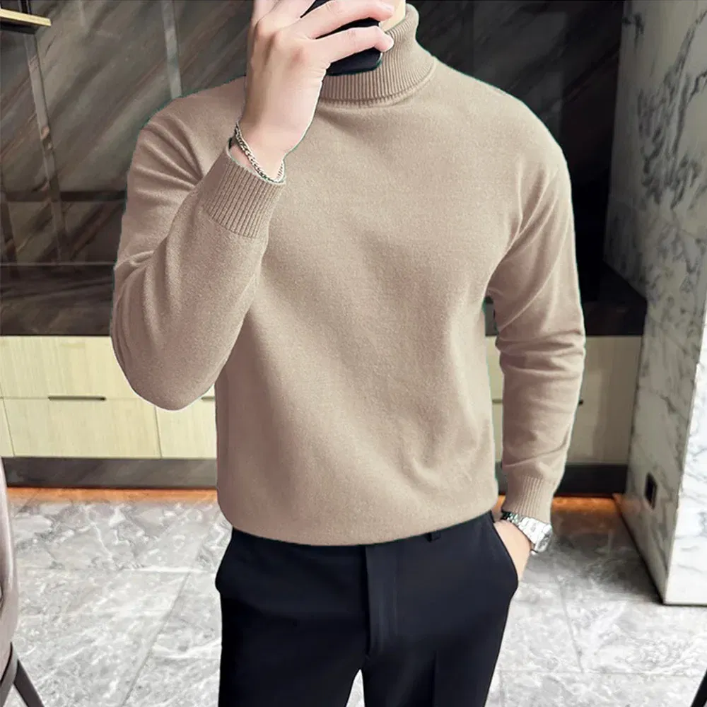 Color: Beige, Size: XXXL - Korean Fashion Autumn Winter Sweaters Men Pullovers Fleece Turtleneck Knitted Sweatshirt Warm Bottoming Shirts