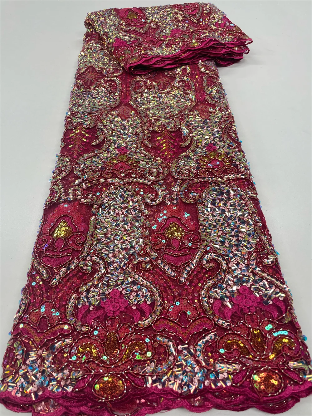 Color: RED, length: 3 YARDS, Width: 120cm - 2023 High Quality French Mesh Embroidery Sequins Lace Fabric African Nigerian Lace Fabric For Wedding Dress Sewing 3Yards QF154