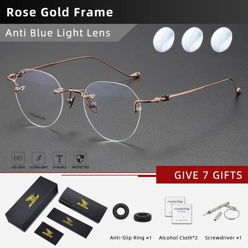 Frame Color: Pink, Eye Prescription: 0 - BLMUSA Pure Titanium Rimless Anti-blue Light Reading Glasses for Men Round Photochromic Optical Prescription with MR-8 lens
