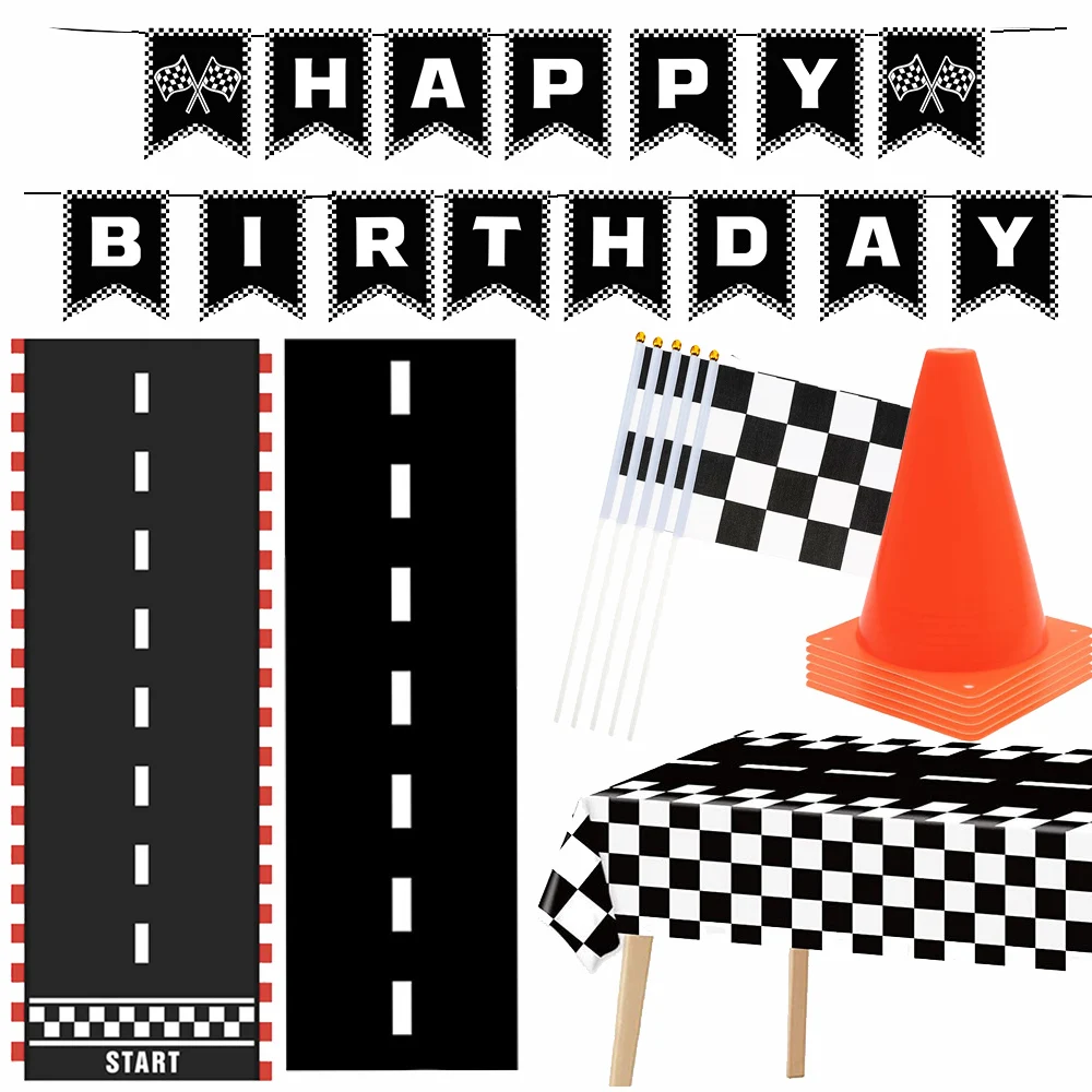Color: Chocolate - Race Car Party Decoration 2M Table Runner Traffic Cones and Racing Checkered Flags Checkered Race Car Party Tablecloths