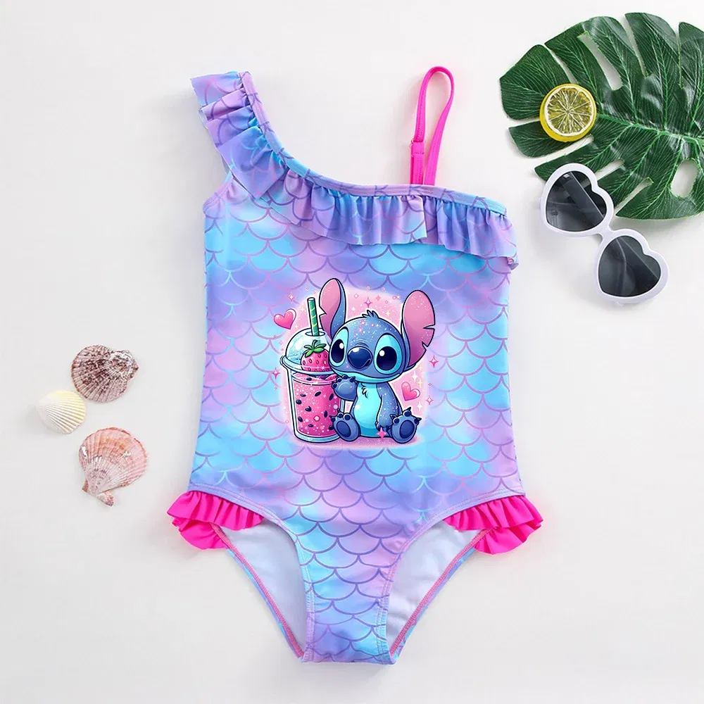 Color: ORANGE RED, Size: XL - Stitch Girls Swimsuit Fashion Mermaid Fish Scale One-Piece Bathing Suits Children's Dresses Summer Swimwear Beach Suit Kids Wear