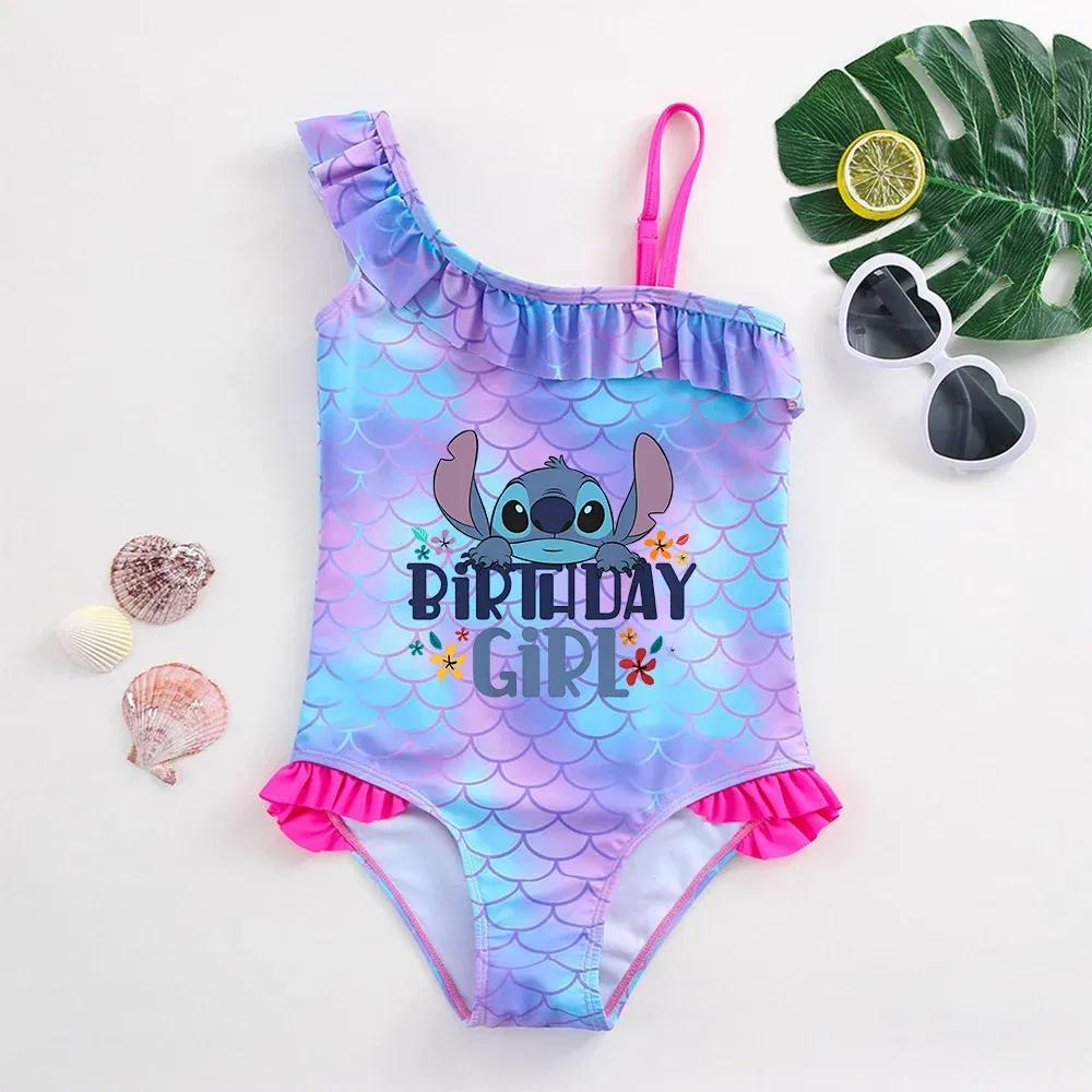 Color: Beige, Size: L - Stitch Girls Swimsuit Fashion Mermaid Fish Scale One-Piece Bathing Suits Children's Dresses Summer Swimwear Beach Suit Kids Wear