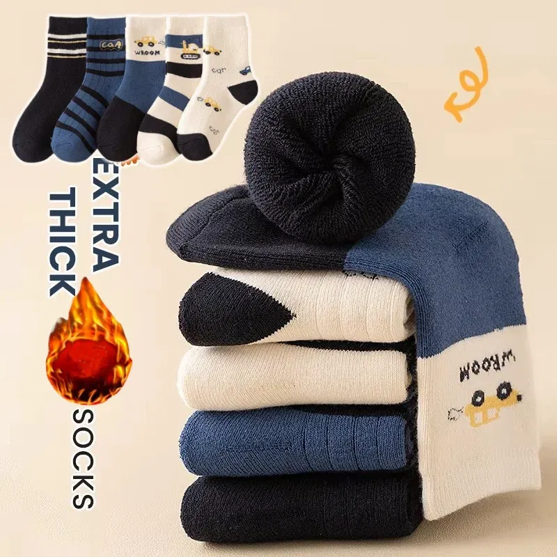Color: black, Size: 4-6T - 5 Pairs/lot Children's Winter Socks Warm Baby Child Thicken Cotton Socks Boys Terry Socks Letter Pattern Thermal Socks