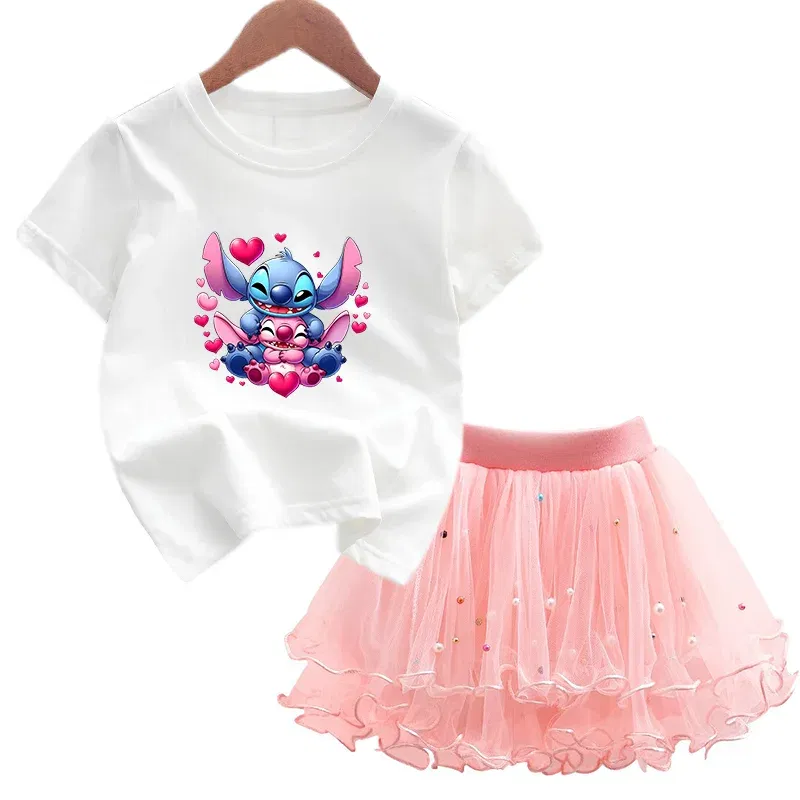 Color: Ivory, Kid Size: 4 - 2pcs Lilo Stitch Summer Girls Outfits Cartoon T-shirt and Tutu Skirt Princess Clothes Suit Children Birthday Clothing Sets