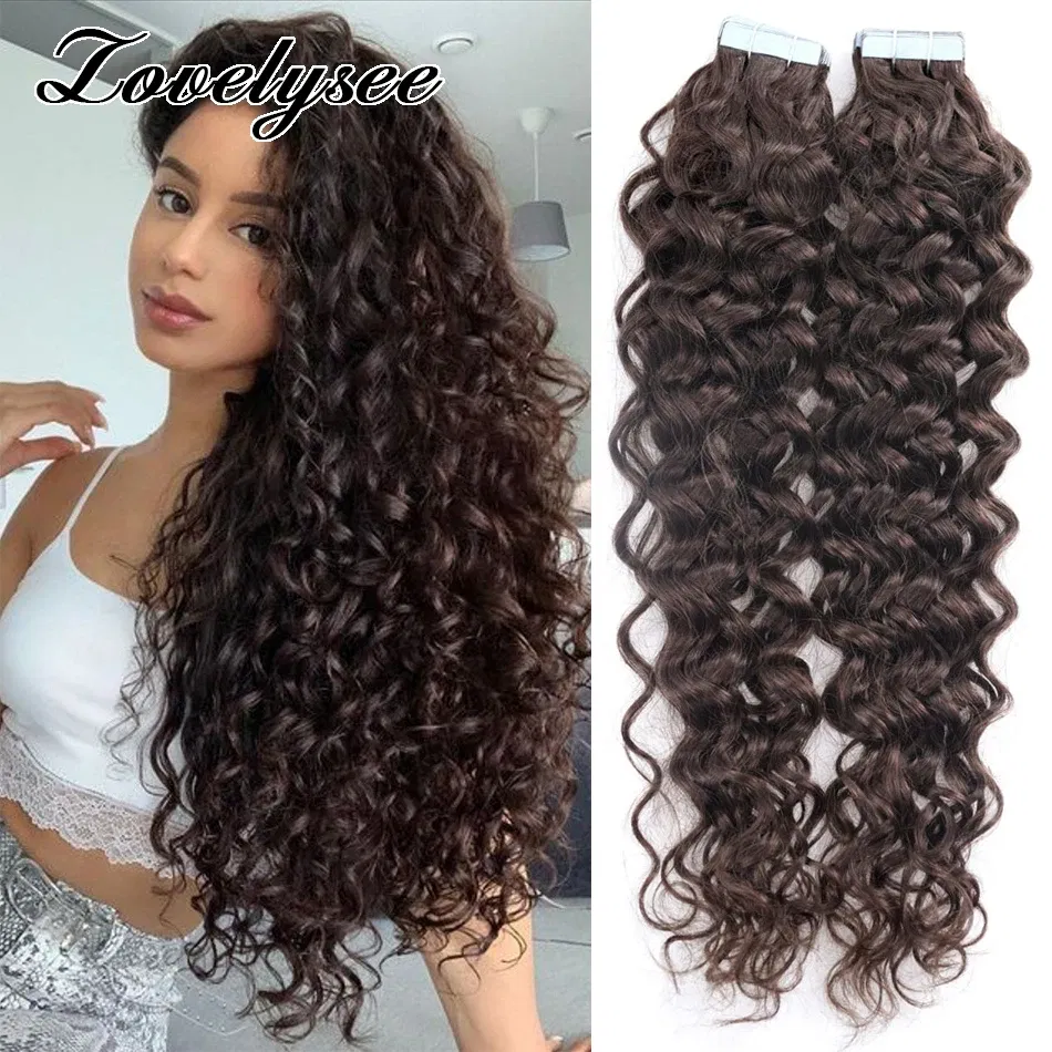 Color: #60, Length: 26 inches, Items per Package: 20 pcs - Water Wave Tape in Human Hair Extensions 2g/pcs Dark Brown Real Human Hair Adhesive Invisible Keratin Hair Extensions for Women