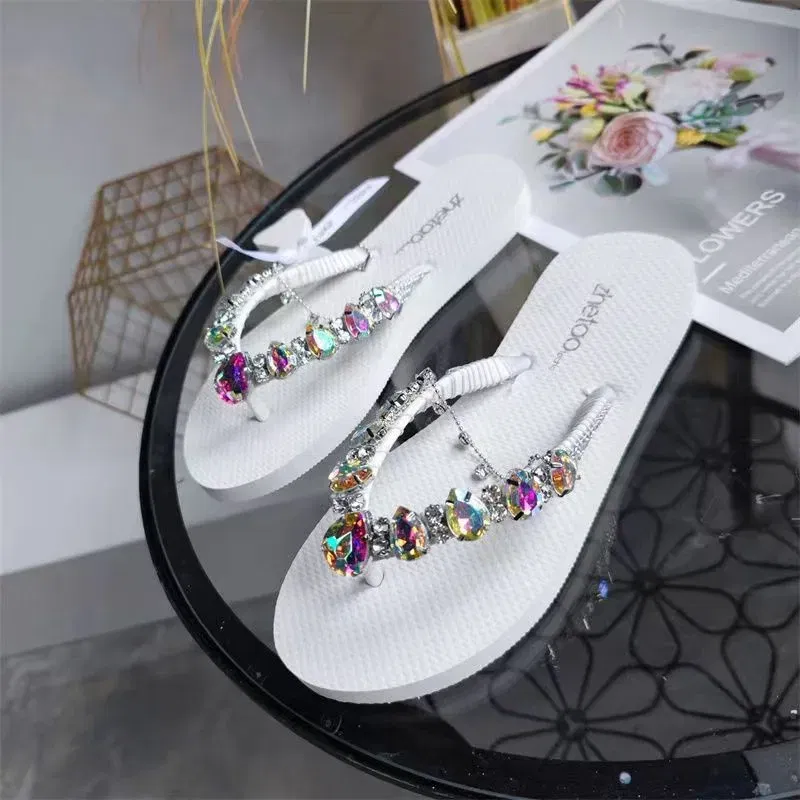 Color: Black, Shoe Size: 38 - Outdoor Leisure Flip Flops Women 2024 Summer Fashion Lady Beach Shoes Luxurious Rhinestone Embellished Women's Flat Slippers