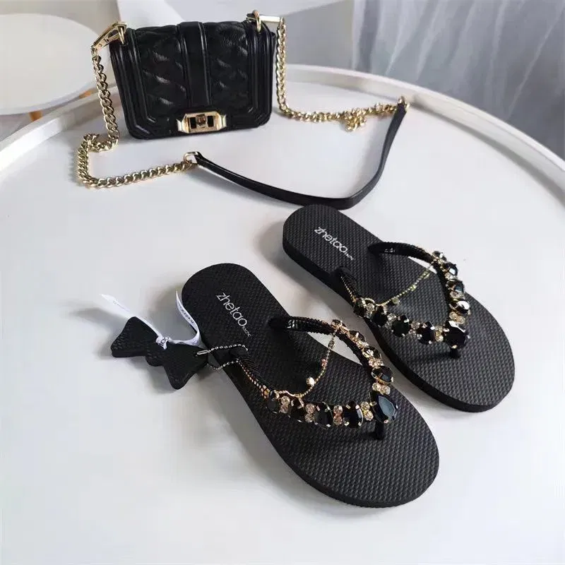 Color: Black, Shoe Size: 38 - Outdoor Leisure Flip Flops Women 2024 Summer Fashion Lady Beach Shoes Luxurious Rhinestone Embellished Women's Flat Slippers