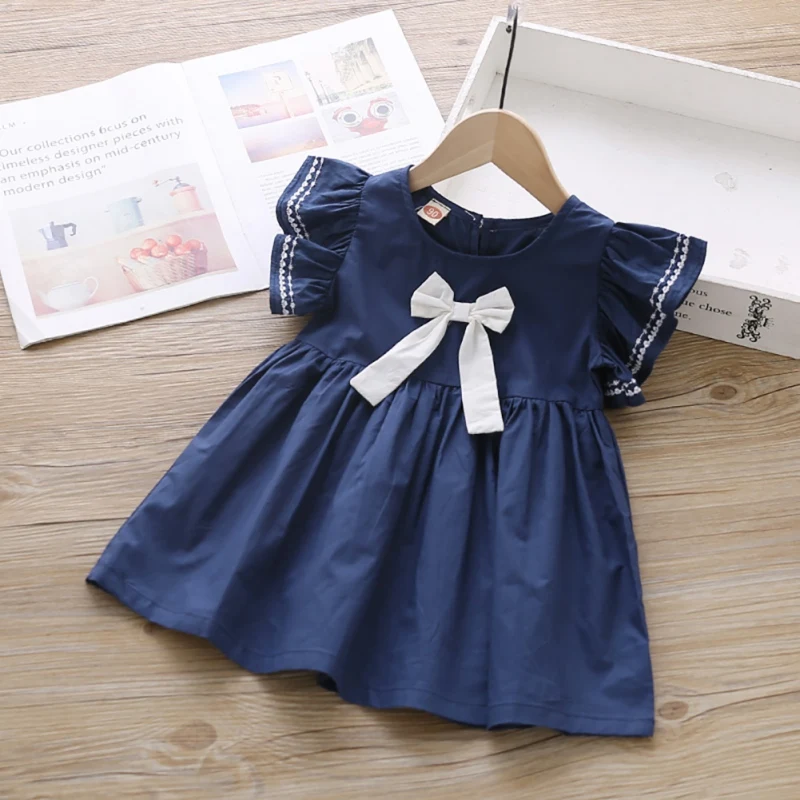 Color: WHITE, Kid Size: 2T - Summer Baby Girl Princess Dress Casual Fashion Baby Girl Flying Sleeve Bow-knot Princess Dress Kids Clothing For 1-6 Years Old