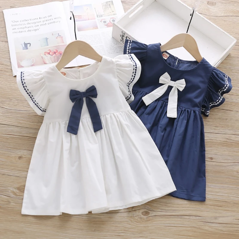 Color: WHITE, Kid Size: 2T - Summer Baby Girl Princess Dress Casual Fashion Baby Girl Flying Sleeve Bow-knot Princess Dress Kids Clothing For 1-6 Years Old