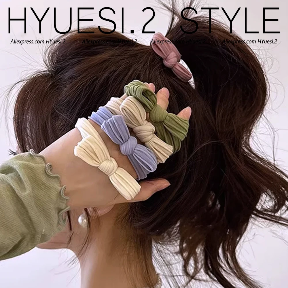 Color: green - 5pcs/Set Simple Bow Hair Ties Ropes Colorful Elastic Seamless Ponytail Holder Rubber Band For Toddler Girls