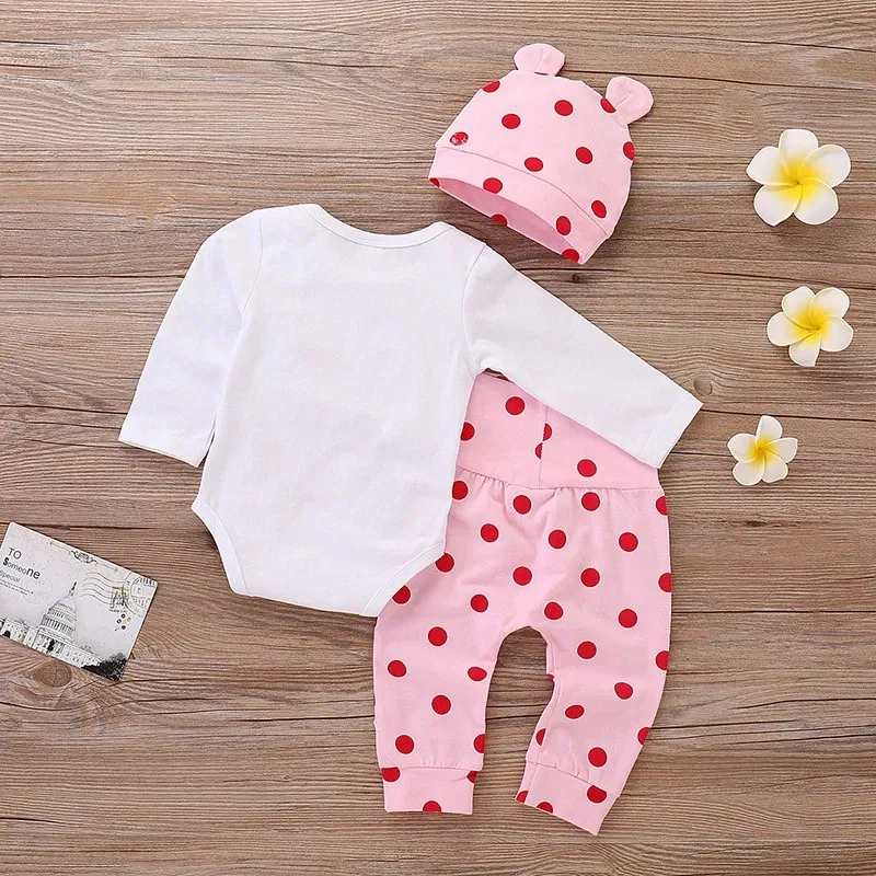 Color: Beige, Kid Size: 12M - Spring Fall Cotton Newborn Baby Girl Clothes 0-3 Months Polka Dot Unisex Infant Clothes Set Boy 3-piece Clothing With Hat