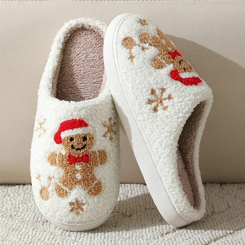 Shoe Size: 42-43, Color: Straw - Cute Gingerbread Winter Warm Christmas Women Slippers Slides Couple Houseshoes Men Bedroom Flat Soft Sole Home Shoes for Gift