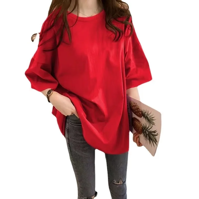 Color: Blue, Size: L - Women's T solid color mid sleeved casual trend personality