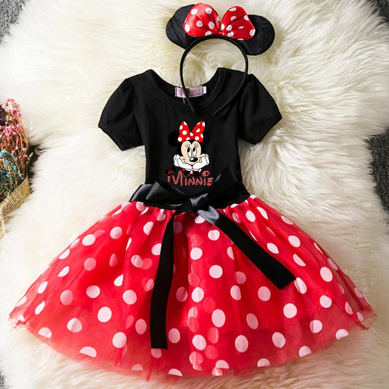 Color: Navy Blue, Size: XXS - Cartoon Mickey Minnie Mouse Kids Short Sleeve Polka Dot Princess Dress 1-6Y Party Baby Girls Clothes Cosplay Costumes