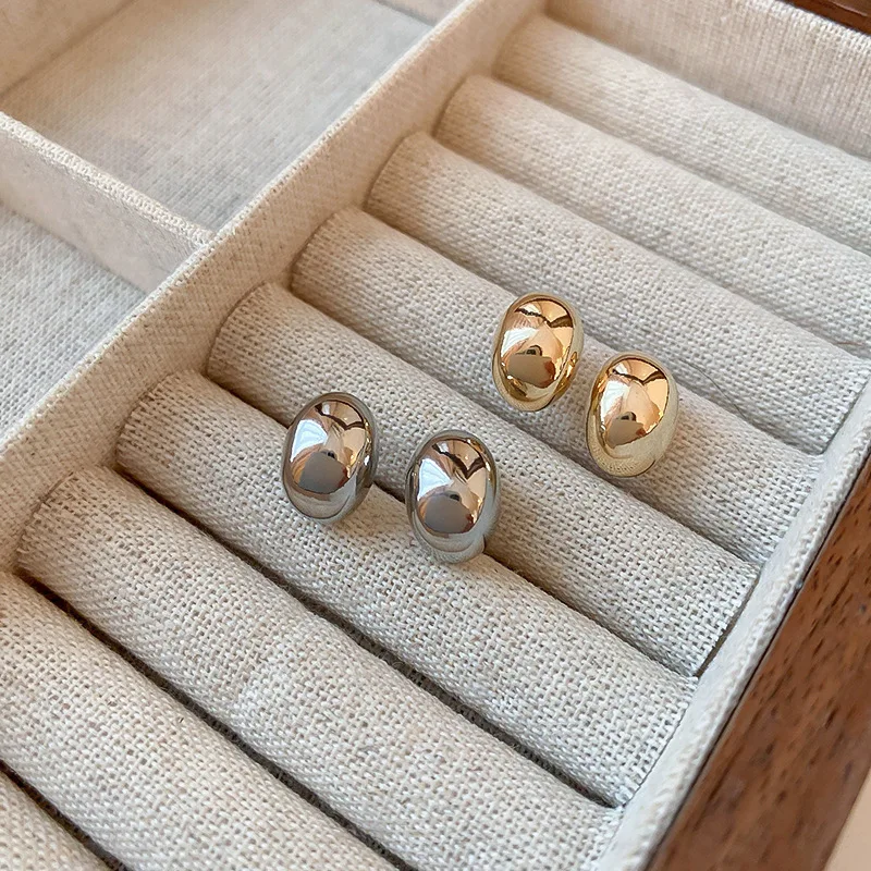 Metal Color: Light Yellow Gold Color - New Metal Geometry Bean Gold Silver Color Stud Earring for Women Female Sweet Jewelry Wedding Christmas Gift