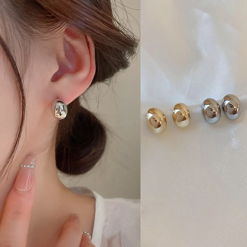 Metal Color: Light Yellow Gold Color - New Metal Geometry Bean Gold Silver Color Stud Earring for Women Female Sweet Jewelry Wedding Christmas Gift