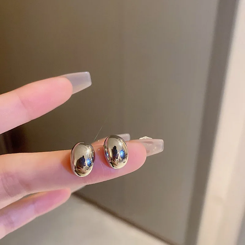 Metal Color: Light Yellow Gold Color - New Metal Geometry Bean Gold Silver Color Stud Earring for Women Female Sweet Jewelry Wedding Christmas Gift
