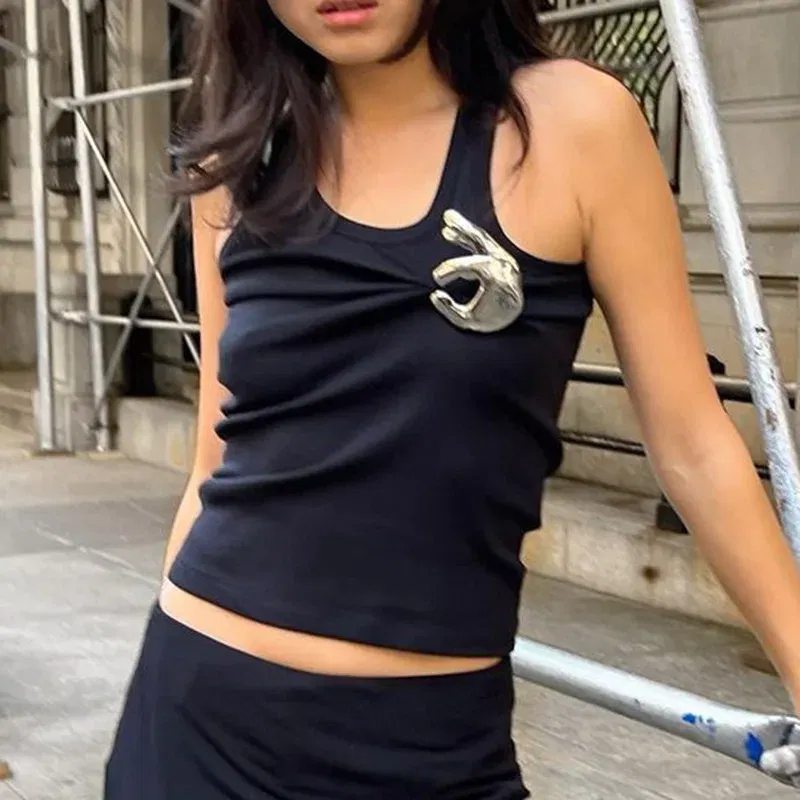 Color: black, Size: M - Women's Personalized Fashion Personalized Shrink Tank Top Sexy Solid Color OK Pattern Tank Top