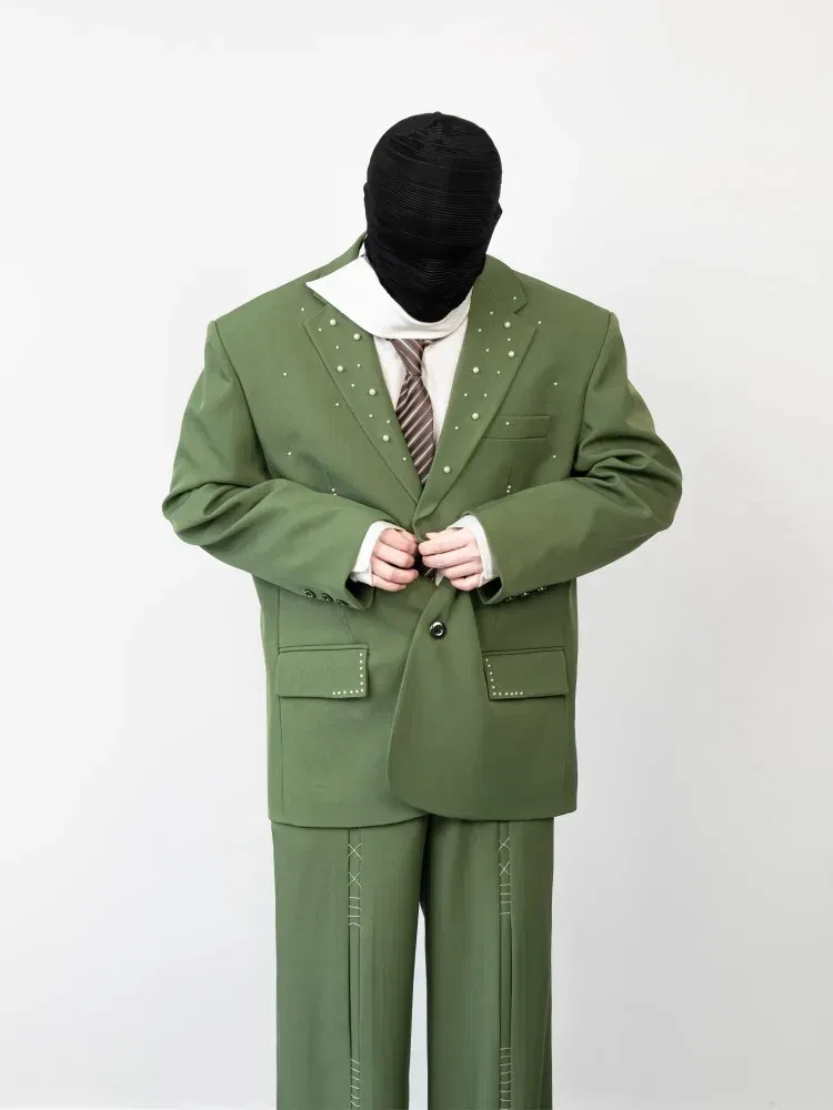 Color: Beige, Size: XXL - 2025 Hot Sale Mens Beads Design Spring Suits Casual Two Piece Set Loose Fit Fashion Match Set Outfit Hand Stitch Wide Leg Pants