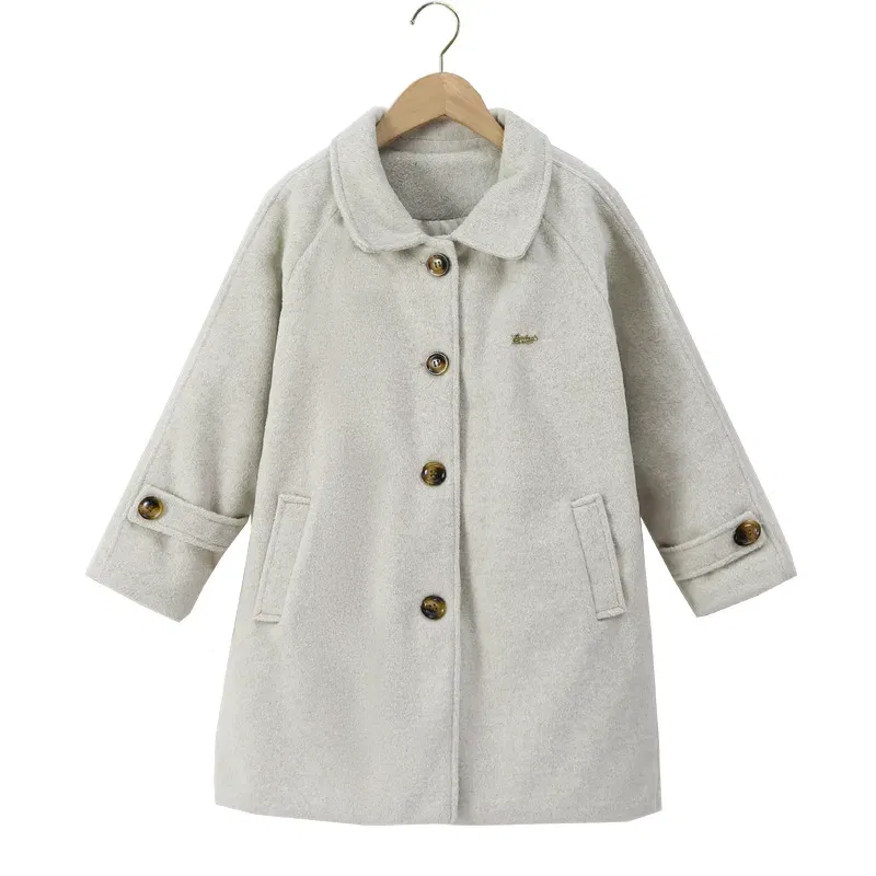 Color: Blue, Kid Size: 4T - Winter Girls Wool Coat Long Double-faced Tweed Overcoat for Kids Fashion Casual Grey 10 12 14 Years Teenage Children Outerwear