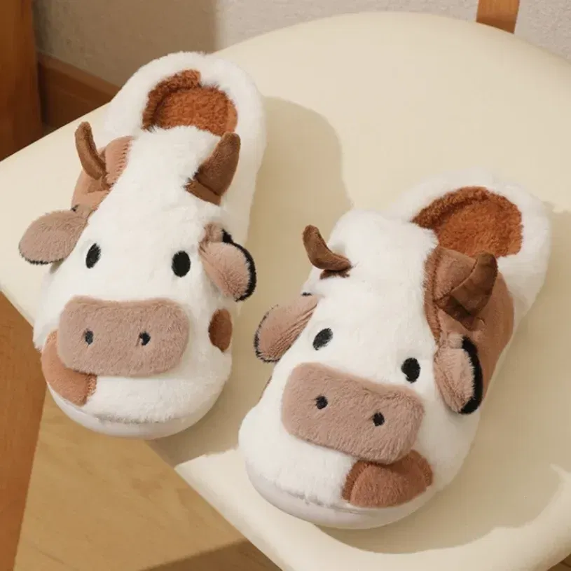 Color: Beige, Shoe Size: 5 - Cartoon Plush Cotton Slippers Women's Indoor Home Winter Cow Cotton Slippers Cute Autumn Winter Cotton Slippers Thick Soles
