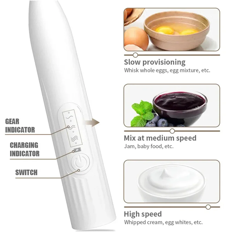 Color: WHITE - 2-in-1 multi-function USB Rechargeable Electric Egg Beater Baking Mixer Milk Frother Kitchen Gadgets Coffee Stirrer Tools Dining